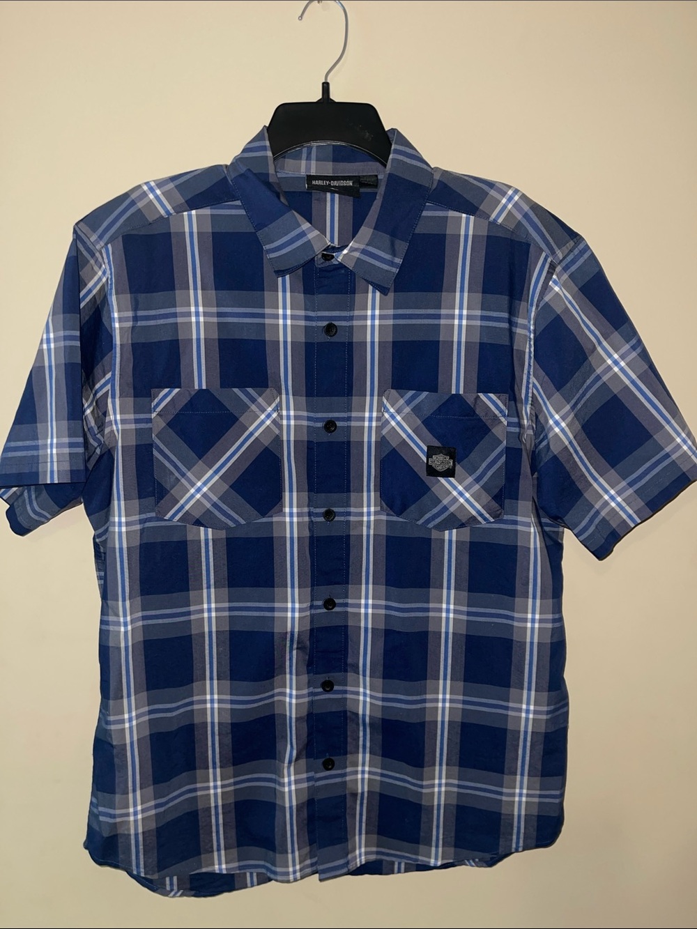 Harley-Davidson Navy and Light Blue Plaid Short Sleeve Button-Down Shirt